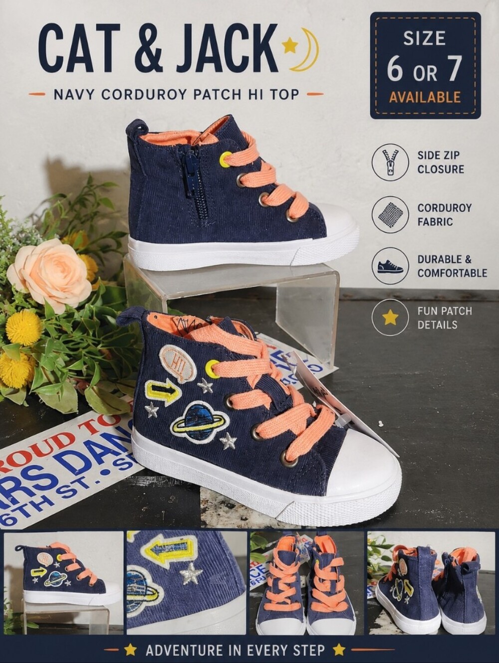 CAT & JACK Navy Corduroy Patch  Moon Star Hi Top Zip Close Size 6 Or 7 Available